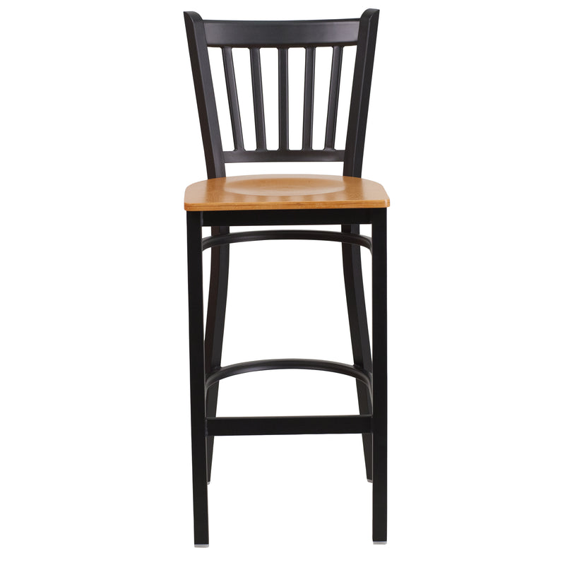 SINGLEWAVE Series Black Vertical Back Metal Restaurant Barstool - Natural Wood Seat