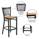 SINGLEWAVE Series Black Vertical Back Metal Restaurant Barstool - Natural Wood Seat