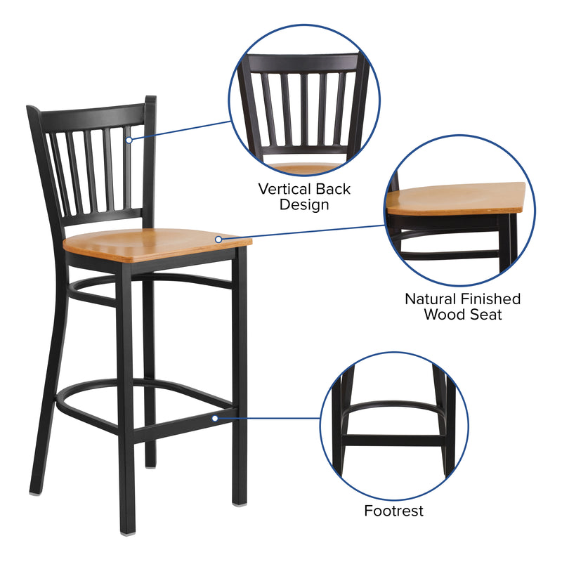 SINGLEWAVE Series Black Vertical Back Metal Restaurant Barstool - Natural Wood Seat