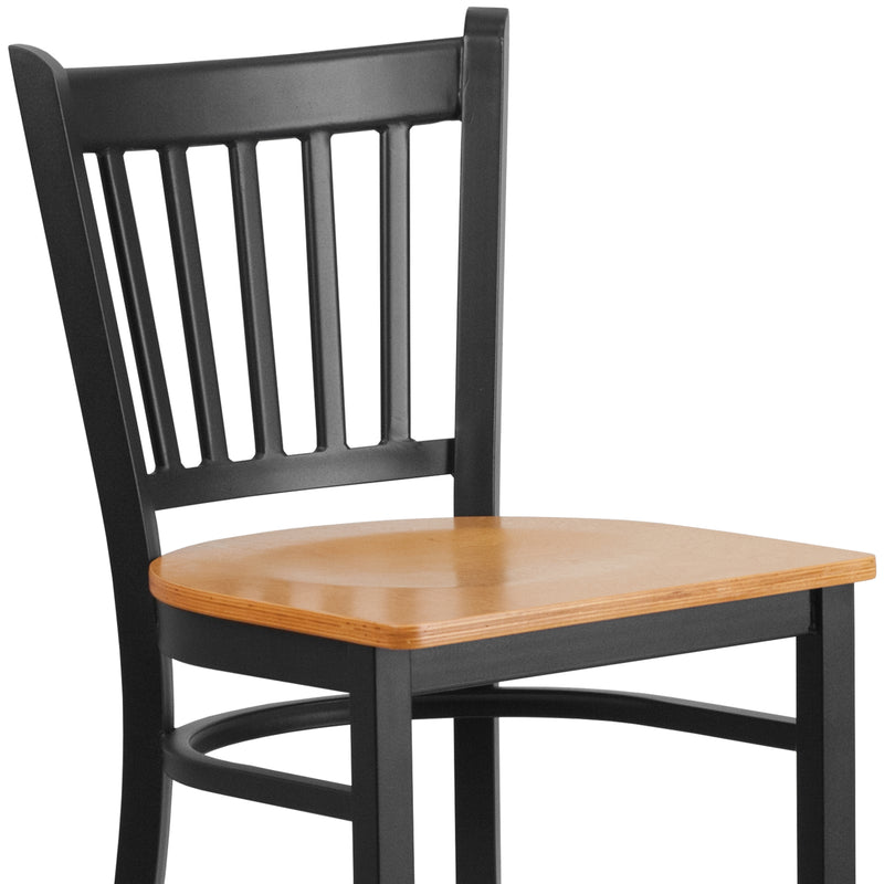 SINGLEWAVE Series Black Vertical Back Metal Restaurant Barstool - Natural Wood Seat