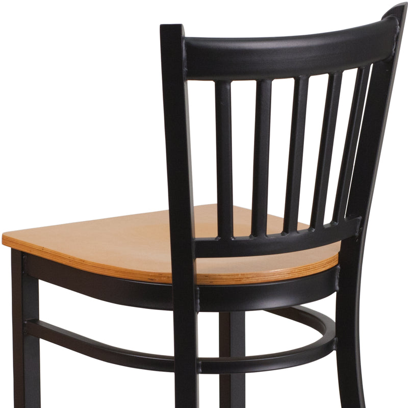 SINGLEWAVE Series Black Vertical Back Metal Restaurant Barstool - Natural Wood Seat