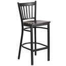 SINGLEWAVE Series Black Vertical Back Metal Restaurant Barstool - Walnut Wood Seat