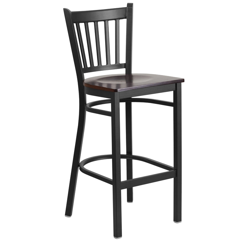 SINGLEWAVE Series Black Vertical Back Metal Restaurant Barstool - Walnut Wood Seat