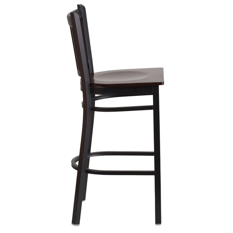 SINGLEWAVE Series Black Vertical Back Metal Restaurant Barstool - Walnut Wood Seat