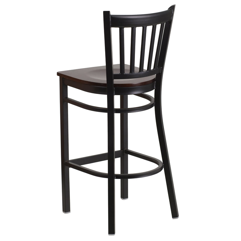 SINGLEWAVE Series Black Vertical Back Metal Restaurant Barstool - Walnut Wood Seat