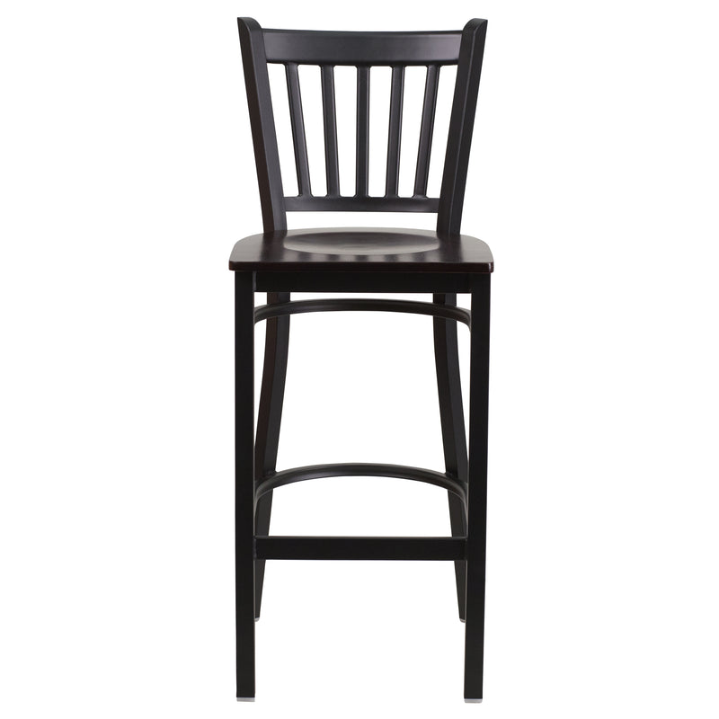 SINGLEWAVE Series Black Vertical Back Metal Restaurant Barstool - Walnut Wood Seat