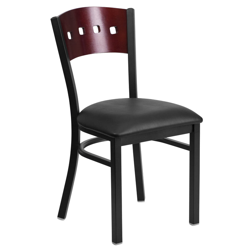 SINGLEWAVE Series Black 4 Square Back Metal Restaurant Chair - Mahogany Wood Back, Black Vinyl Seat