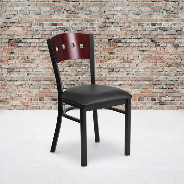 SINGLEWAVE Series Black 4 Square Back Metal Restaurant Chair - Mahogany Wood Back, Black Vinyl Seat