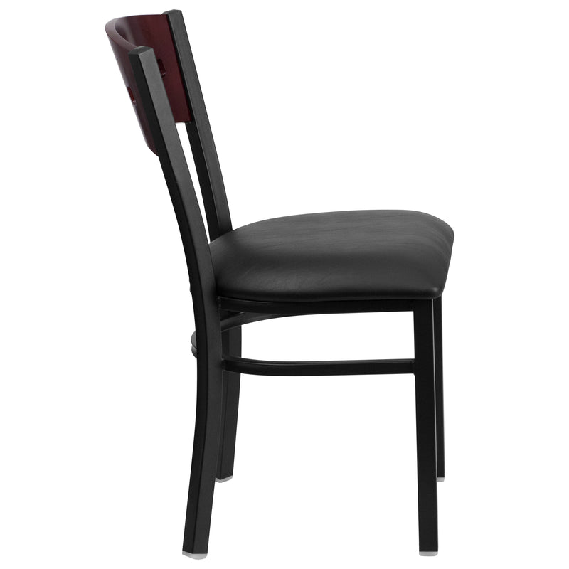 SINGLEWAVE Series Black 4 Square Back Metal Restaurant Chair - Mahogany Wood Back, Black Vinyl Seat