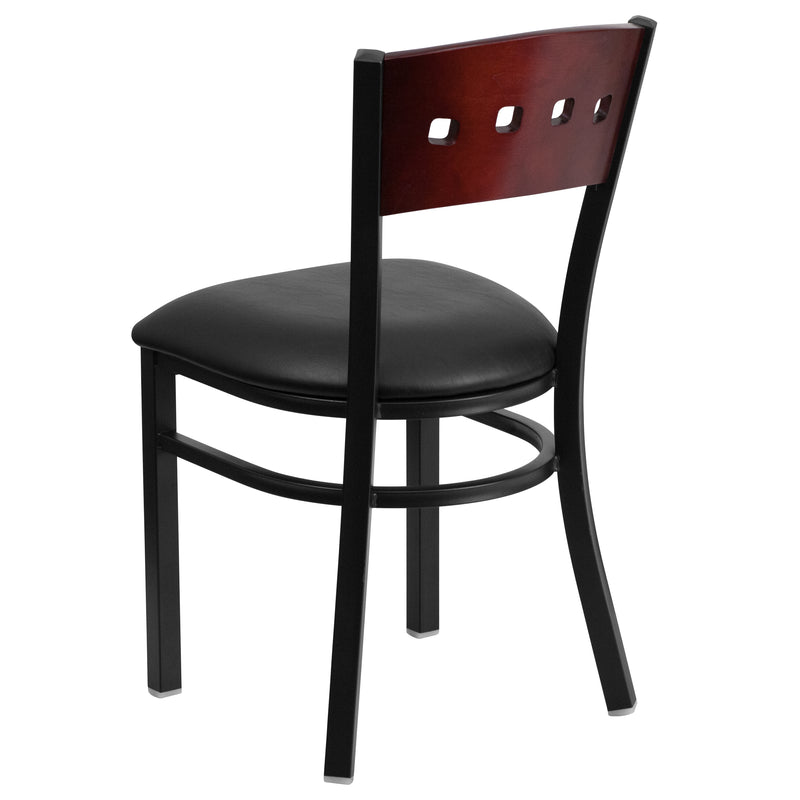 SINGLEWAVE Series Black 4 Square Back Metal Restaurant Chair - Mahogany Wood Back, Black Vinyl Seat