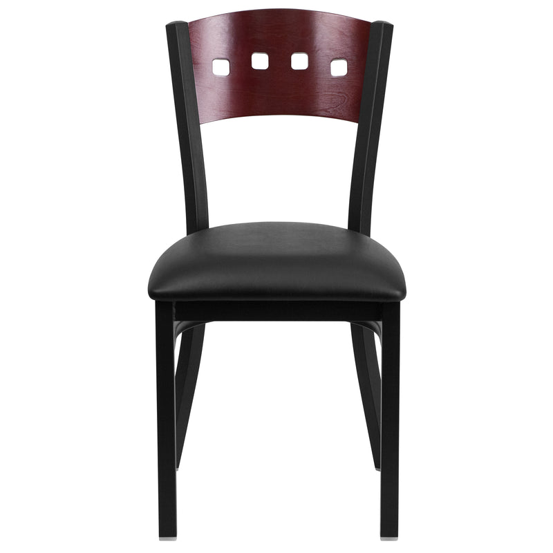 SINGLEWAVE Series Black 4 Square Back Metal Restaurant Chair - Mahogany Wood Back, Black Vinyl Seat