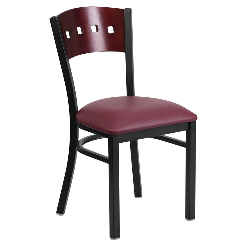 SINGLEWAVE Series Black 4 Square Back Metal Restaurant Chair - Mahogany Wood Back, Burgundy Vinyl Seat