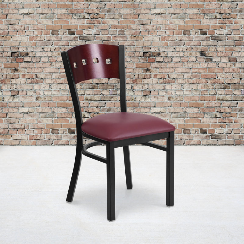 SINGLEWAVE Series Black 4 Square Back Metal Restaurant Chair - Mahogany Wood Back, Burgundy Vinyl Seat