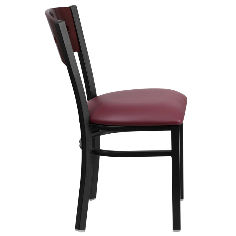 SINGLEWAVE Series Black 4 Square Back Metal Restaurant Chair - Mahogany Wood Back, Burgundy Vinyl Seat