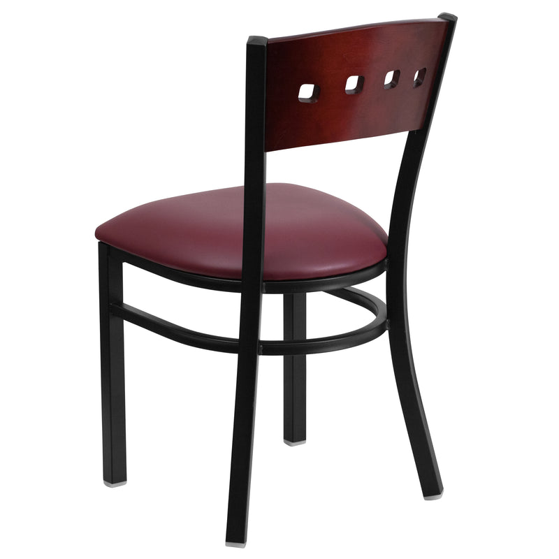 SINGLEWAVE Series Black 4 Square Back Metal Restaurant Chair - Mahogany Wood Back, Burgundy Vinyl Seat