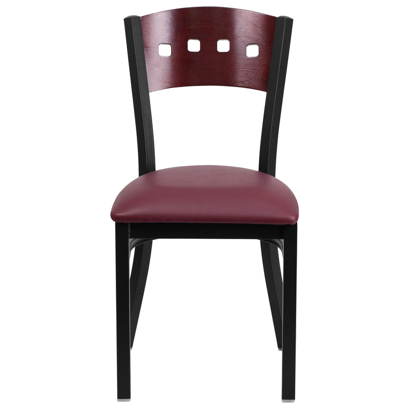 SINGLEWAVE Series Black 4 Square Back Metal Restaurant Chair - Mahogany Wood Back, Burgundy Vinyl Seat