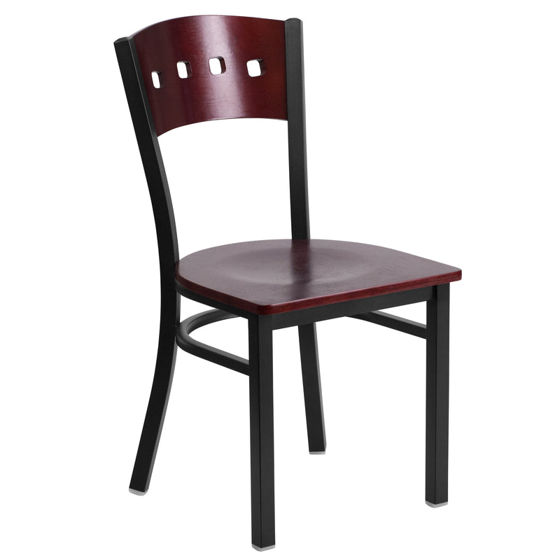 SINGLEWAVE Series Black 4 Square Back Metal Restaurant Chair - Mahogany Wood Back & Seat