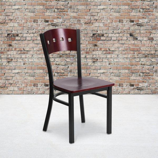 SINGLEWAVE Series Black 4 Square Back Metal Restaurant Chair - Mahogany Wood Back & Seat