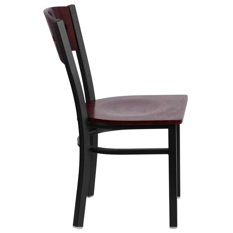 SINGLEWAVE Series Black 4 Square Back Metal Restaurant Chair - Mahogany Wood Back & Seat