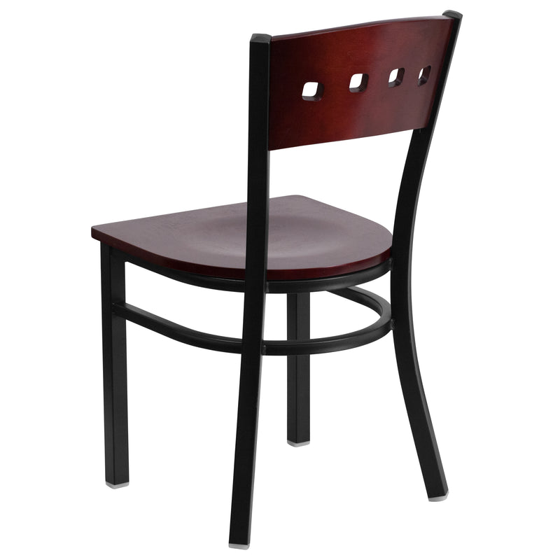 SINGLEWAVE Series Black 4 Square Back Metal Restaurant Chair - Mahogany Wood Back & Seat