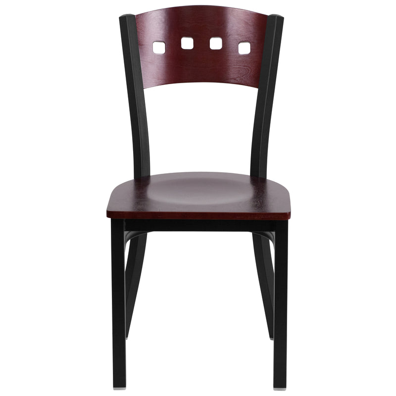 SINGLEWAVE Series Black 4 Square Back Metal Restaurant Chair - Mahogany Wood Back & Seat