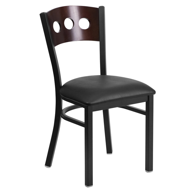 SINGLEWAVE Series Black 3 Circle Back Metal Restaurant Chair - Walnut Wood Back, Black Vinyl Seat