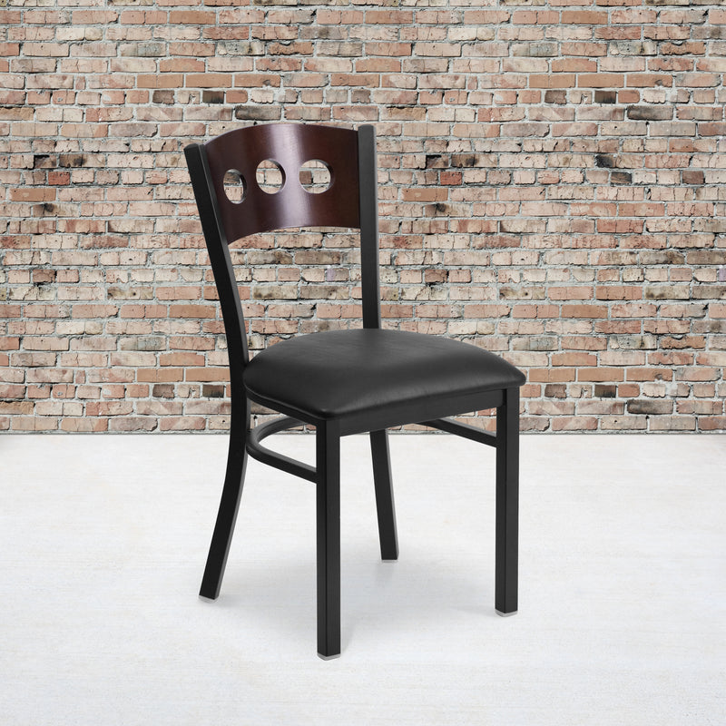 SINGLEWAVE Series Black 3 Circle Back Metal Restaurant Chair - Walnut Wood Back, Black Vinyl Seat