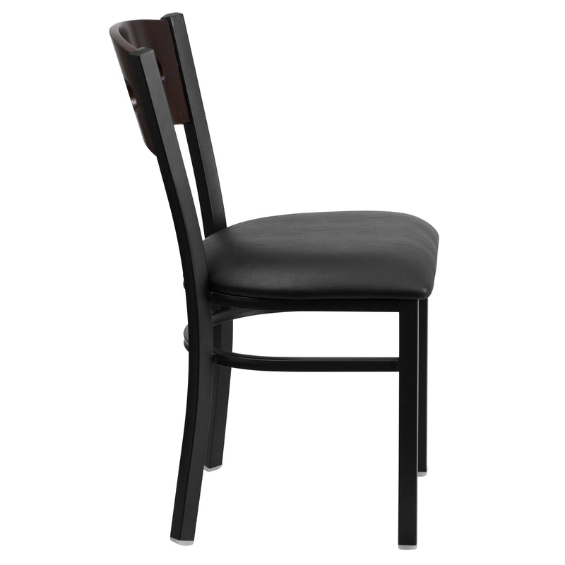 SINGLEWAVE Series Black 3 Circle Back Metal Restaurant Chair - Walnut Wood Back, Black Vinyl Seat