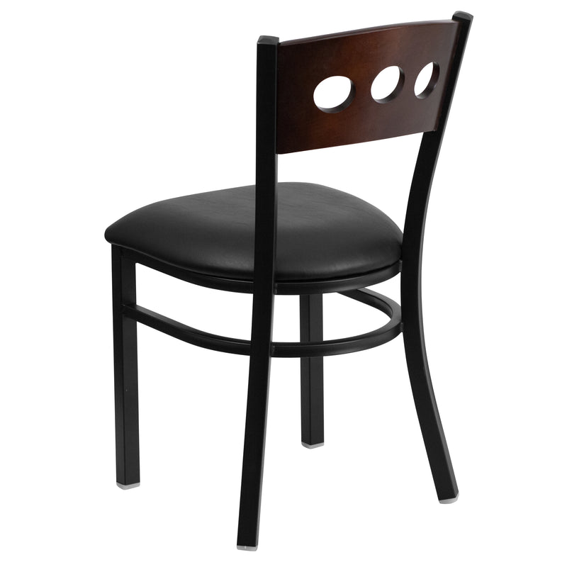 SINGLEWAVE Series Black 3 Circle Back Metal Restaurant Chair - Walnut Wood Back, Black Vinyl Seat