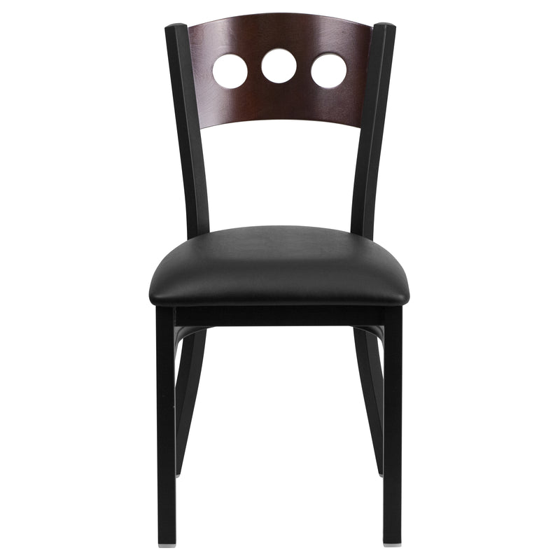 SINGLEWAVE Series Black 3 Circle Back Metal Restaurant Chair - Walnut Wood Back, Black Vinyl Seat