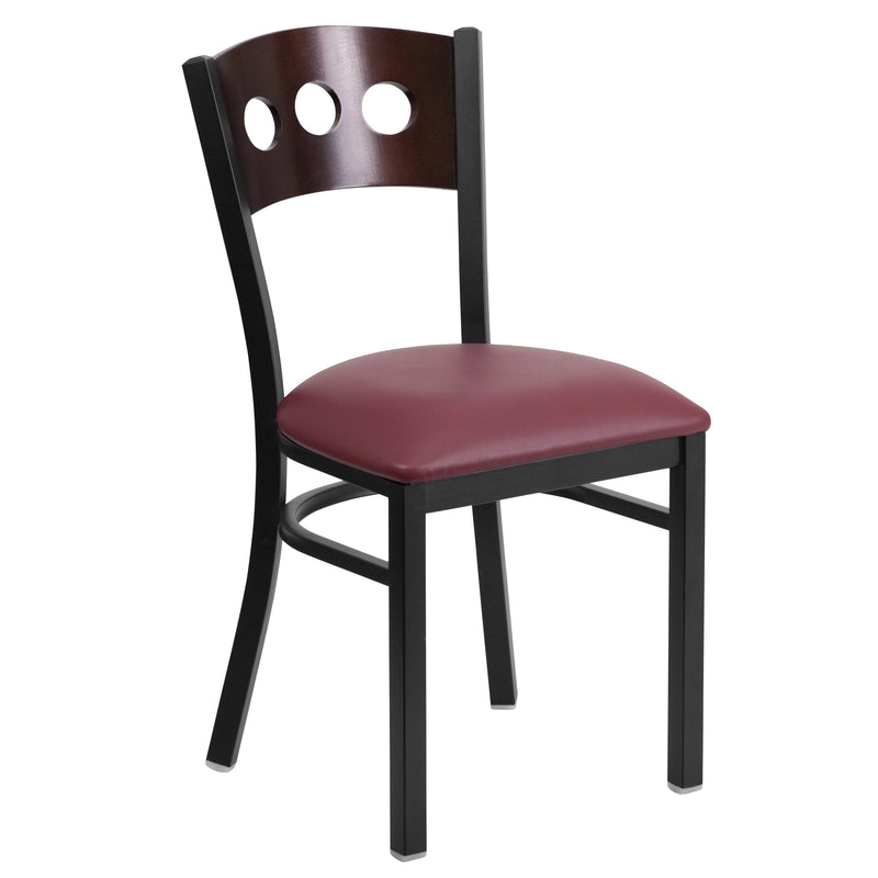 SINGLEWAVE Series Black 3 Circle Back Metal Restaurant Chair - Walnut Wood Back, Burgundy Vinyl Seat