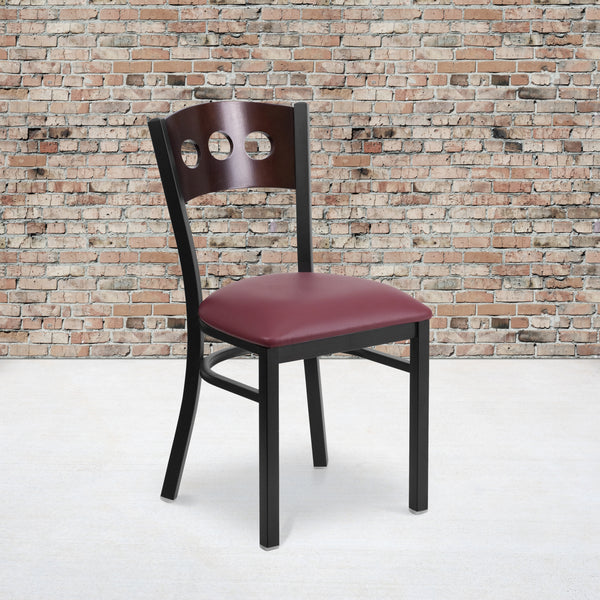 SINGLEWAVE Series Black 3 Circle Back Metal Restaurant Chair - Walnut Wood Back, Burgundy Vinyl Seat