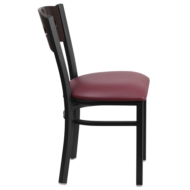 SINGLEWAVE Series Black 3 Circle Back Metal Restaurant Chair - Walnut Wood Back, Burgundy Vinyl Seat