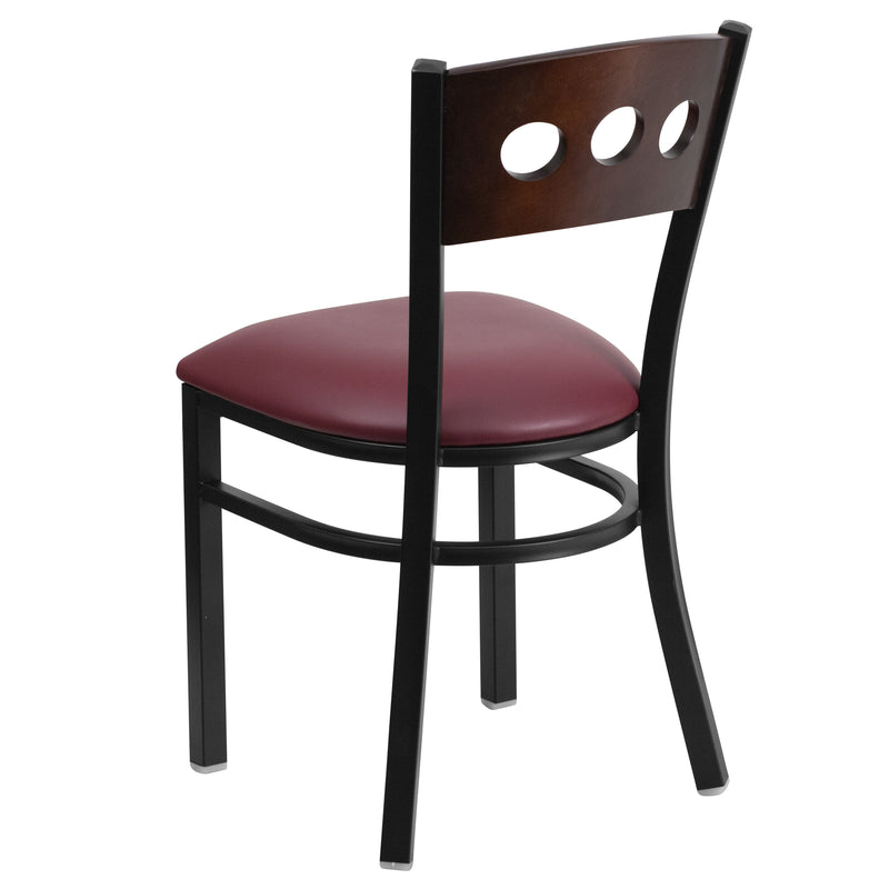 SINGLEWAVE Series Black 3 Circle Back Metal Restaurant Chair - Walnut Wood Back, Burgundy Vinyl Seat