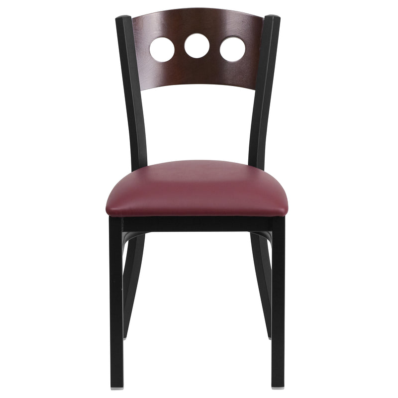 SINGLEWAVE Series Black 3 Circle Back Metal Restaurant Chair - Walnut Wood Back, Burgundy Vinyl Seat