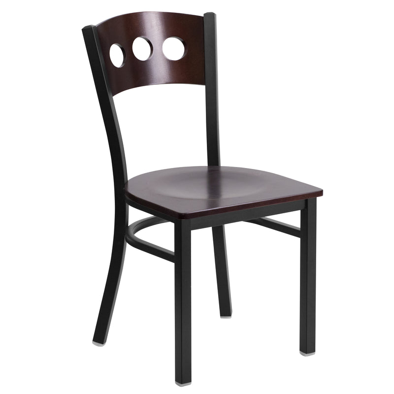 SINGLEWAVE Series Black 3 Circle Back Metal Restaurant Chair - Walnut Wood Back & Seat