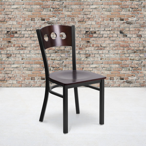 SINGLEWAVE Series Black 3 Circle Back Metal Restaurant Chair - Walnut Wood Back & Seat