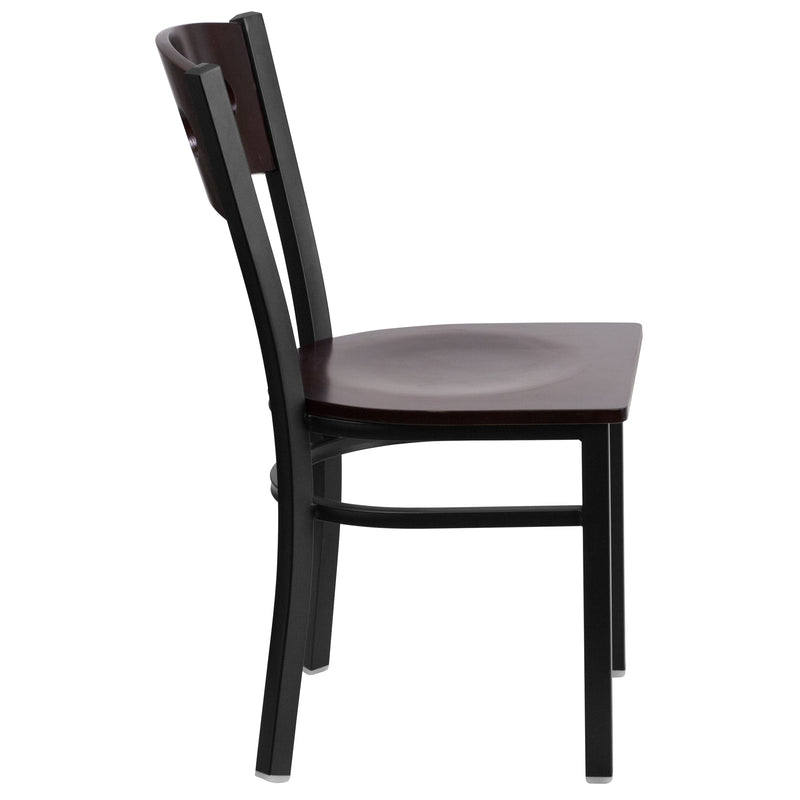 SINGLEWAVE Series Black 3 Circle Back Metal Restaurant Chair - Walnut Wood Back & Seat