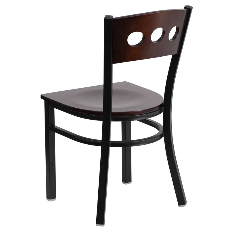 SINGLEWAVE Series Black 3 Circle Back Metal Restaurant Chair - Walnut Wood Back & Seat