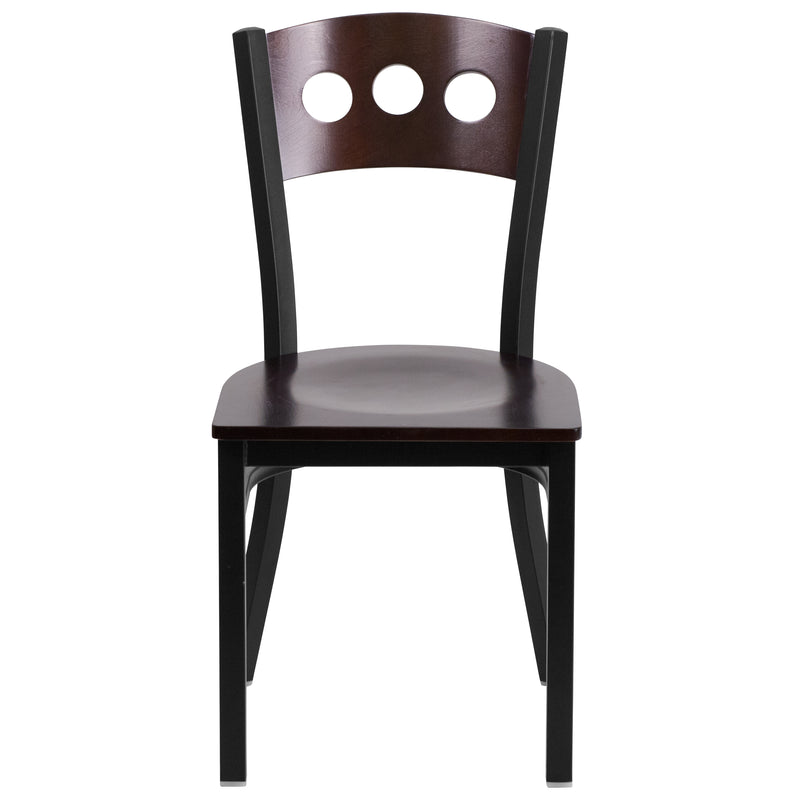 SINGLEWAVE Series Black 3 Circle Back Metal Restaurant Chair - Walnut Wood Back & Seat