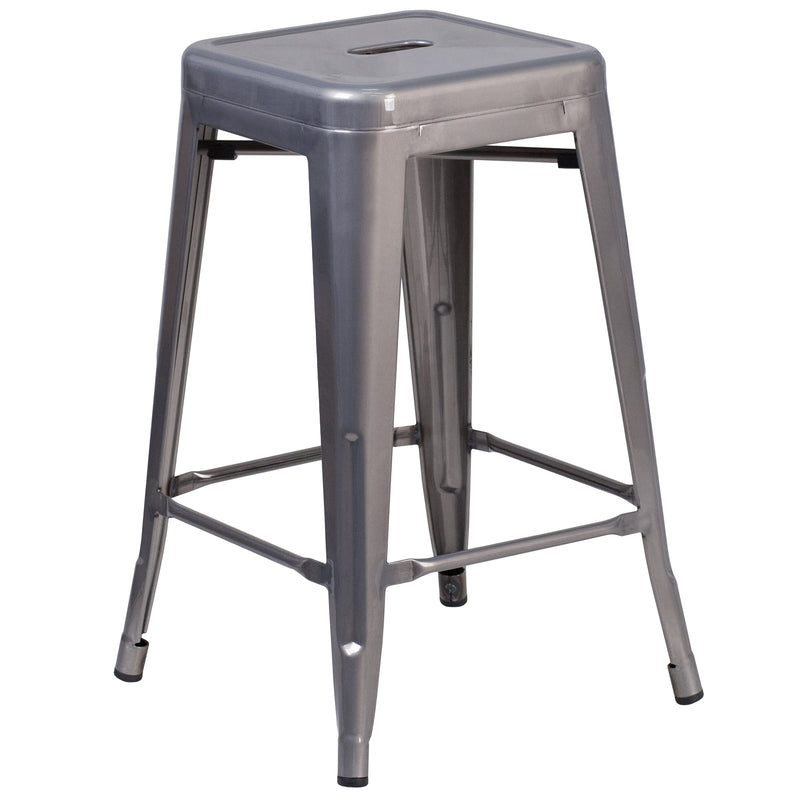 24'' High Backless Clear Coated Metal Indoor Counter Height Stool with Square Seat