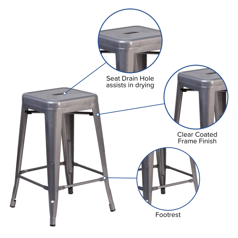 24'' High Backless Clear Coated Metal Indoor Counter Height Stool with Square Seat