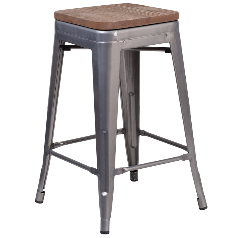 24" High Backless Clear Coated Metal Counter Height Stool with Square Wood Seat