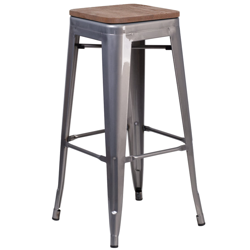 30" High Backless Clear Coated Metal Barstool with Square Wood Seat