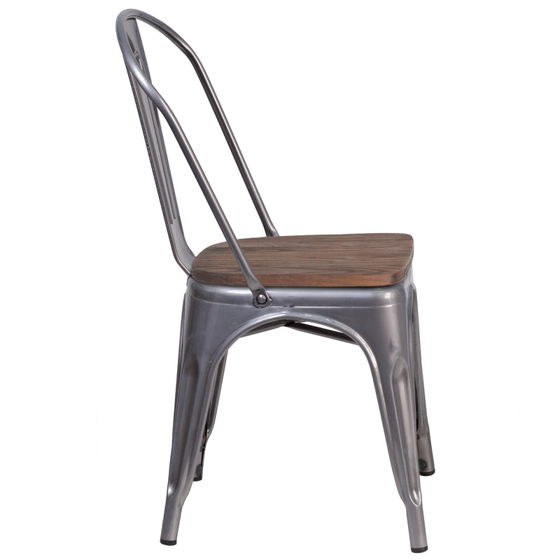 Clear Coated Metal Stackable Chair with Wood Seat