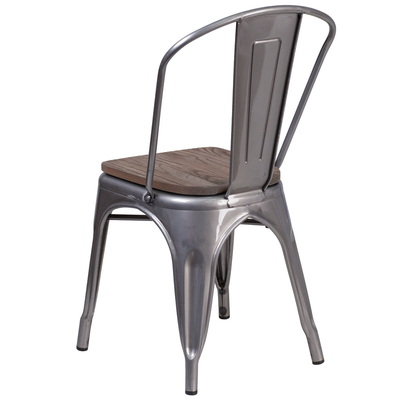 Clear Coated Metal Stackable Chair with Wood Seat