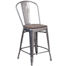 24" High Clear Coated Counter Height Stool with Back and Wood Seat