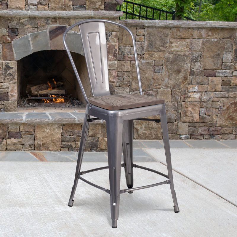 24" High Clear Coated Counter Height Stool with Back and Wood Seat