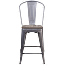 24" High Clear Coated Counter Height Stool with Back and Wood Seat