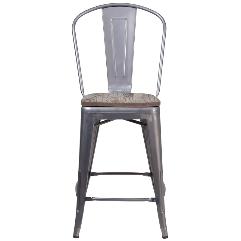 24" High Clear Coated Counter Height Stool with Back and Wood Seat